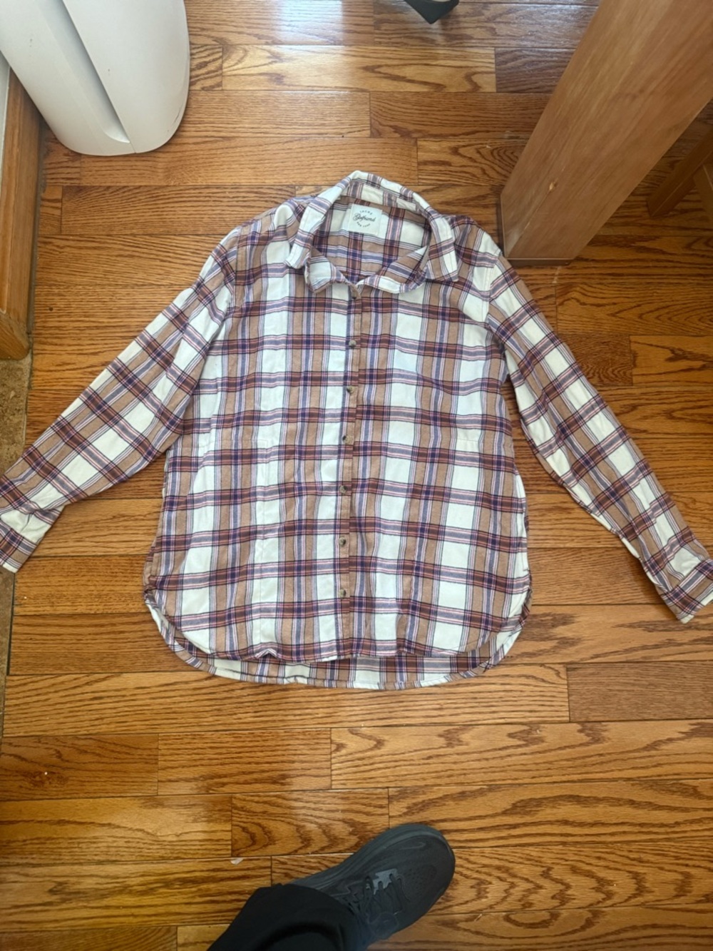 JACHS Girlfriend Ivory Plaid Button-Down Shirt with Brown and Purple Stripes